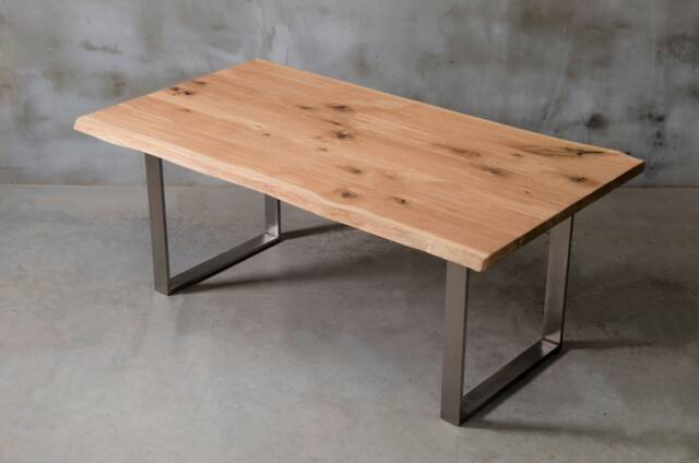 Custom Live Edge Table With Brushed Steel Legs, Oak Dining Table, Modern Wooden Industrial For Conference Room - image 1