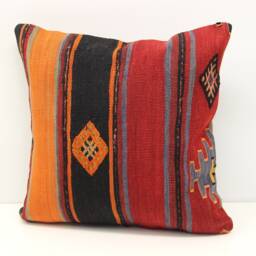Vintage Anatolian Kilim Pillow Cover, Wool Chevron Throw - 18x18 Inch - thumbnail 3