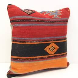 Vintage Anatolian Kilim Pillow Cover, Wool Chevron Throw - 18x18 Inch - thumbnail 2