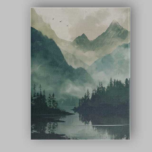 Misty Evergreen Forest Mountain Lake Atmospheric Landscape Canvas Wall Art Print Decor Picture Ready To Hang - image 1