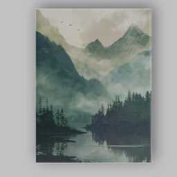 Misty Evergreen Forest Mountain Lake Atmospheric Landscape Canvas Wall Art Print Decor Picture Ready To Hang - thumbnail 1