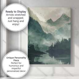 Misty Evergreen Forest Mountain Lake Atmospheric Landscape Canvas Wall Art Print Decor Picture Ready To Hang - thumbnail 3