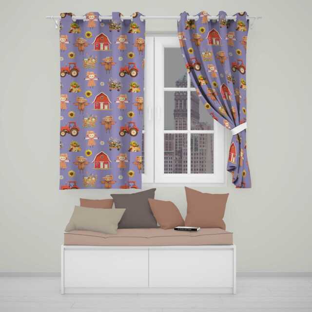 Cute Scarecrow Barn Sunflower Farm Purple Background Seamless Pattern Readymade Eyelet Ring Top Thermal 100% Blackout Curtains - image 1