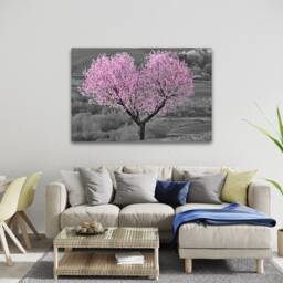 Black & White Pink Heart Blossom Canvas Wall Art Picture Print. Cherry Tree Love Heart. Giclee - thumbnail 3