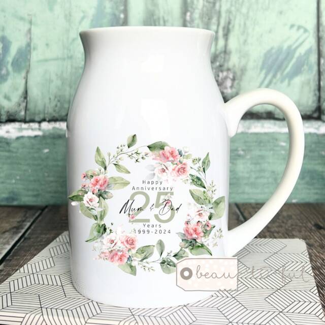 Personalised Anniversary Gift 25 50 30 40 60 Silver Golden Floral Ceramic Small Vase Jug Mug - image 1