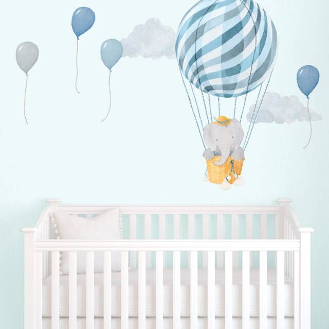 Small Elephant in Basket - Blue Fabric Wall Decal Nursery Daydreams Collection Mej - image 1