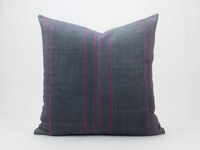 Vintage Hmong Pillow Cover - 20x20 Gray Pink Striped Cotton Cushion - image 1