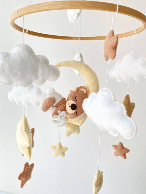 Handmade Felt Baby Mobile Sleeping Bear, Moon & Stars Nursery Decor - image 1
