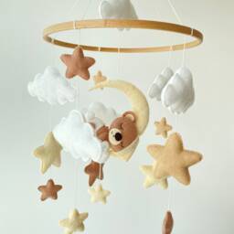 Handmade Felt Baby Mobile Sleeping Bear, Moon & Stars Nursery Decor - thumbnail 3