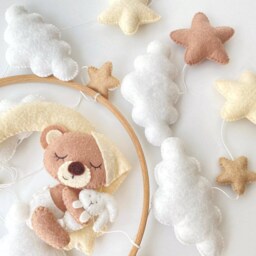 Handmade Felt Baby Mobile Sleeping Bear, Moon & Stars Nursery Decor - thumbnail 2