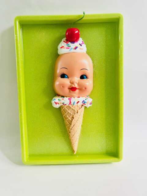 Vintage Doll Face Ice Cream Cone Wall Art Funky Food Sculpture - image 1
