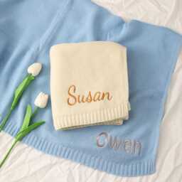 Embroidered Knit Baby Blanket Custom Name, Cotton Newborn Gift - thumbnail 2