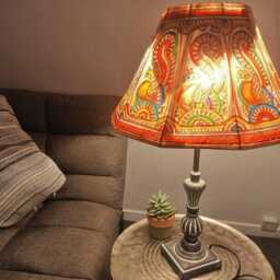 Hand-Painted Leather Lampshade Tribal Peacock Design, Boho Table Lamp - thumbnail 2
