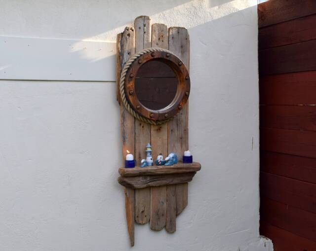 Jumbo Chunky Driftwood Wall Hanging Circular Round Porthole Nautical Mirror & Shelf Very Solid 127 cm Tall - image 1