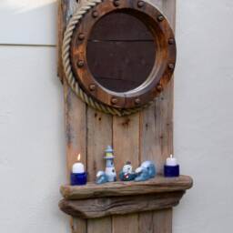 Jumbo Chunky Driftwood Wall Hanging Circular Round Porthole Nautical Mirror & Shelf Very Solid 127 cm Tall - thumbnail 2