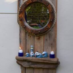 Jumbo Chunky Driftwood Wall Hanging Circular Round Porthole Nautical Mirror & Shelf Very Solid 127 cm Tall - thumbnail 3