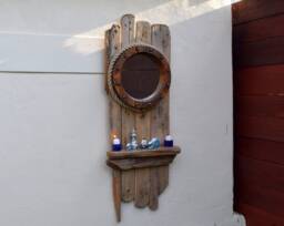Jumbo Chunky Driftwood Wall Hanging Circular Round Porthole Nautical Mirror & Shelf Very Solid 127 cm Tall - thumbnail 1