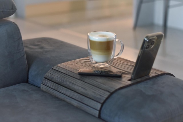 Sofa Arm Tray With Phone Holder, Wooden Bedside Couch Protector, Foldable Coaster For Cups, Tv Chair Armrest Caddy - image 1
