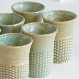 Shabbat Table Set - Kiddush Cup & Six Small Wine Goblets 3D Printed Clay Mint Pearls - thumbnail 4