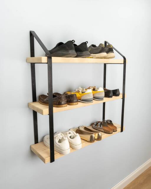 3 Tiered Black Shelf Brackets - Steel & Wooden Shoe Shelves Rack - Shoes Organizer Wall Mounted Shelving/Rack Sturdy - image 1
