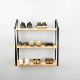 3 Tiered Black Shelf Brackets - Steel & Wooden Shoe Shelves Rack - Shoes Organizer Wall Mounted Shelving/Rack Sturdy - thumbnail 2