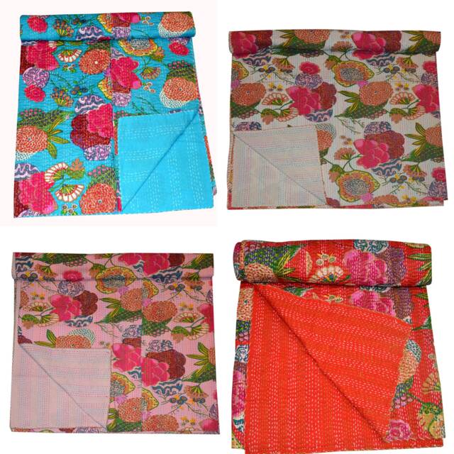 Hand Stitched Fruit Print Kantha Quilt Handmade Indian Quilts Throw Floral Cotton Blanket Bohemian Fabulous Bedding Bed Cover - image 1