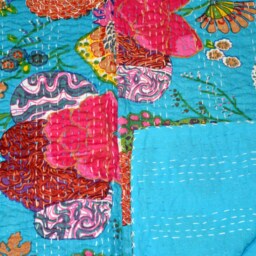 Hand Stitched Fruit Print Kantha Quilt Handmade Indian Quilts Throw Floral Cotton Blanket Bohemian Fabulous Bedding Bed Cover - thumbnail 2