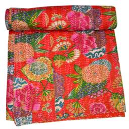 Hand Stitched Fruit Print Kantha Quilt Handmade Indian Quilts Throw Floral Cotton Blanket Bohemian Fabulous Bedding Bed Cover - thumbnail 4