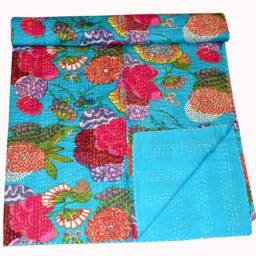 Hand Stitched Fruit Print Kantha Quilt Handmade Indian Quilts Throw Floral Cotton Blanket Bohemian Fabulous Bedding Bed Cover - thumbnail 3