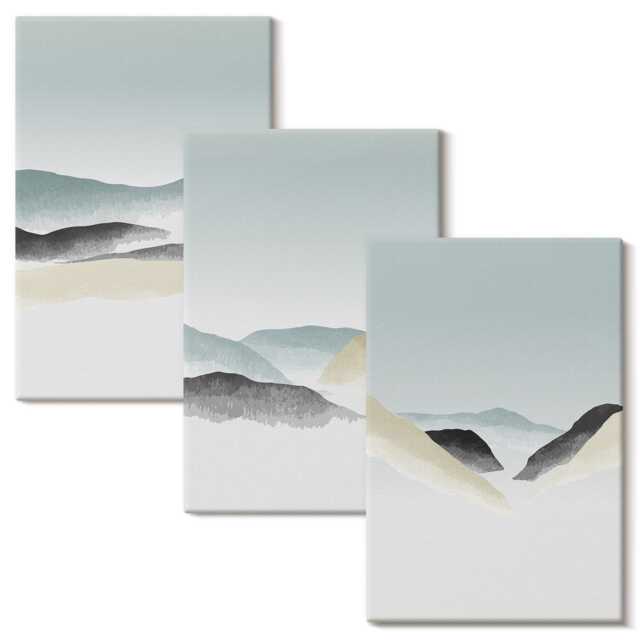 Canvas Wall Art Set Of 3 - Minimalist Mountains in Delicate Pastels, Blue Art, Landscapes Hanging Piece - image 1