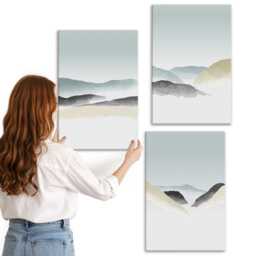Canvas Wall Art Set Of 3 - Minimalist Mountains in Delicate Pastels, Blue Art, Landscapes Hanging Piece - thumbnail 2