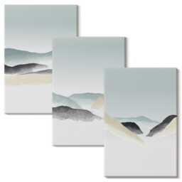 Canvas Wall Art Set Of 3 - Minimalist Mountains in Delicate Pastels, Blue Art, Landscapes Hanging Piece - thumbnail 1