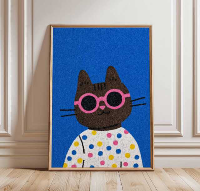 Cool Cat Poster Print, Funky Black Wall Art, Cute Animal Illustration, Kids Room Decor, Polka Dot Sweater Kitty Artwork Unframed - image 1