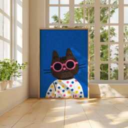 Cool Cat Poster Print, Funky Black Wall Art, Cute Animal Illustration, Kids Room Decor, Polka Dot Sweater Kitty Artwork Unframed - thumbnail 2