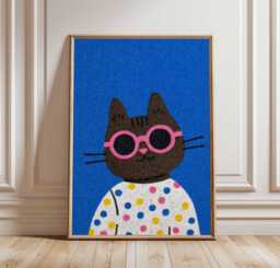 Cool Cat Poster Print, Funky Black Wall Art, Cute Animal Illustration, Kids Room Decor, Polka Dot Sweater Kitty Artwork Unframed - thumbnail 1