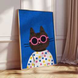 Cool Cat Poster Print, Funky Black Wall Art, Cute Animal Illustration, Kids Room Decor, Polka Dot Sweater Kitty Artwork Unframed - thumbnail 3