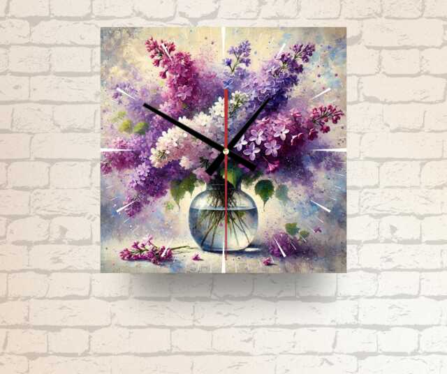 Floral Glass Wall Clock Lilac Flowers in Vase - Modern Home Decor - image 1