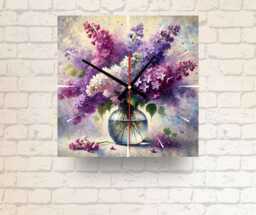 Floral Glass Wall Clock Lilac Flowers in Vase - Modern Home Decor