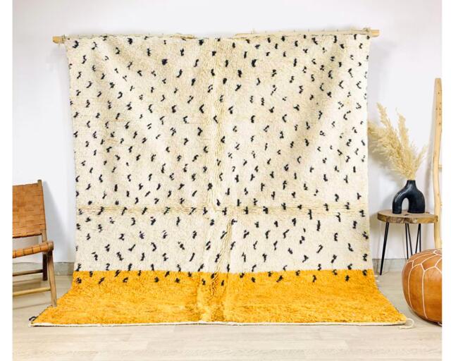 Spotted Yellow Moroccan Rug, Black & White Berber Shag Modern Handmade Wool Carpet - image 1