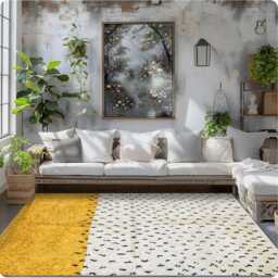 Spotted Yellow Moroccan Rug, Black & White Berber Shag Modern Handmade Wool Carpet - thumbnail 3