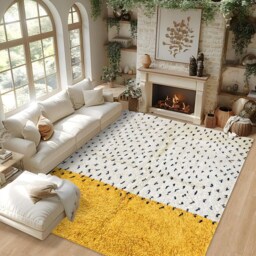 Spotted Yellow Moroccan Rug, Black & White Berber Shag Modern Handmade Wool Carpet - thumbnail 2
