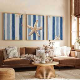 Set Of 3 Nautical Wall Art Prints, Starfish & Blue Stripe Posters, Coastal Beach House Decor - thumbnail 2