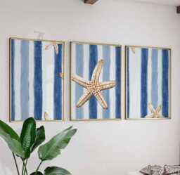 Set Of 3 Nautical Wall Art Prints, Starfish & Blue Stripe Posters, Coastal Beach House Decor - thumbnail 1