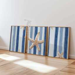 Set Of 3 Nautical Wall Art Prints, Starfish & Blue Stripe Posters, Coastal Beach House Decor - thumbnail 3