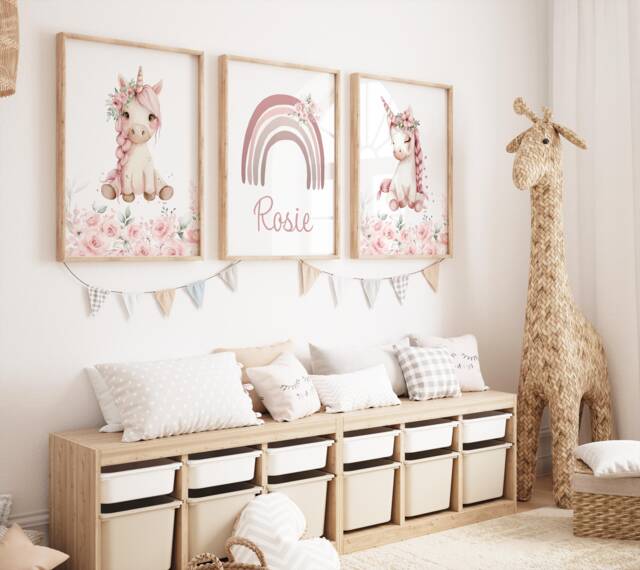 Personalised Unicorn Nursery Prints Pink Rainbow Wall Art Set - image 1