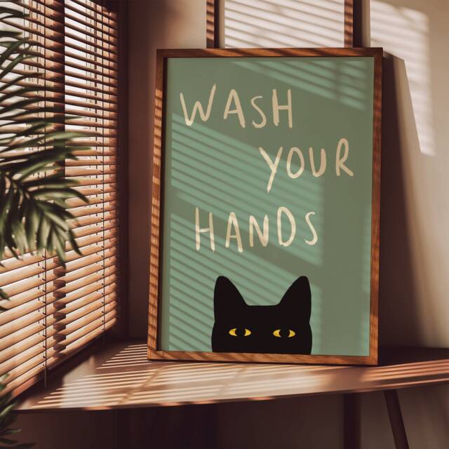 Wash Your Hands Unframed Print - Bathroom Poster Funny Decor Toilet Wall Art Cat - image 1