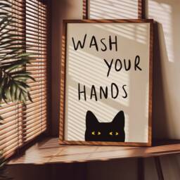 Wash Your Hands Unframed Print - Bathroom Poster Funny Decor Toilet Wall Art Cat - thumbnail 3