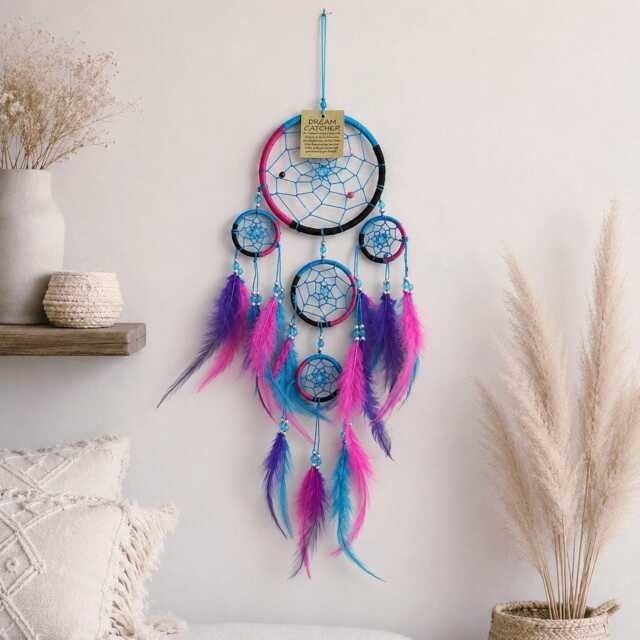 Colorful Dream Catcher, Pink Purple Feather Hanging, Boho Kids Room Decor, Blue Beaded Wall Accent - image 1