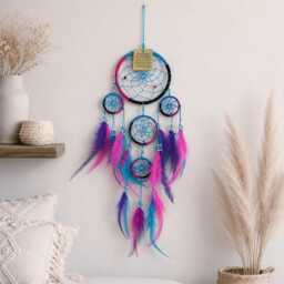 Colorful Dream Catcher, Pink Purple Feather Hanging, Boho Kids Room Decor, Blue Beaded Wall Accent - thumbnail 1