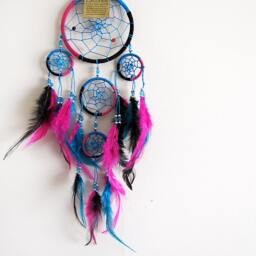 Colorful Dream Catcher, Pink Purple Feather Hanging, Boho Kids Room Decor, Blue Beaded Wall Accent - thumbnail 3